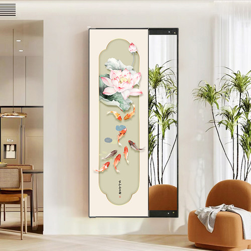 九鱼荷花图玄关镜子挂墙画新中式