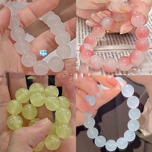 手串绕指柔渐变色冰透粉色手链学生女生盘圆珠 非金属玻璃手链