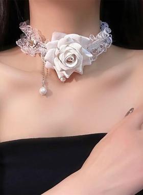 韩系白色蕾丝玫瑰花朵choker女颈环项链秋冬颈链时尚浪漫锁骨链