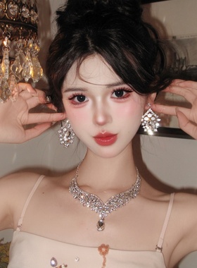 欧美时尚个性夸张闪钻水滴项链耳环女小众高级感轻奢气质百搭套装