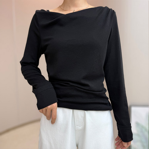 大码一字肩长袖t恤女修身显瘦