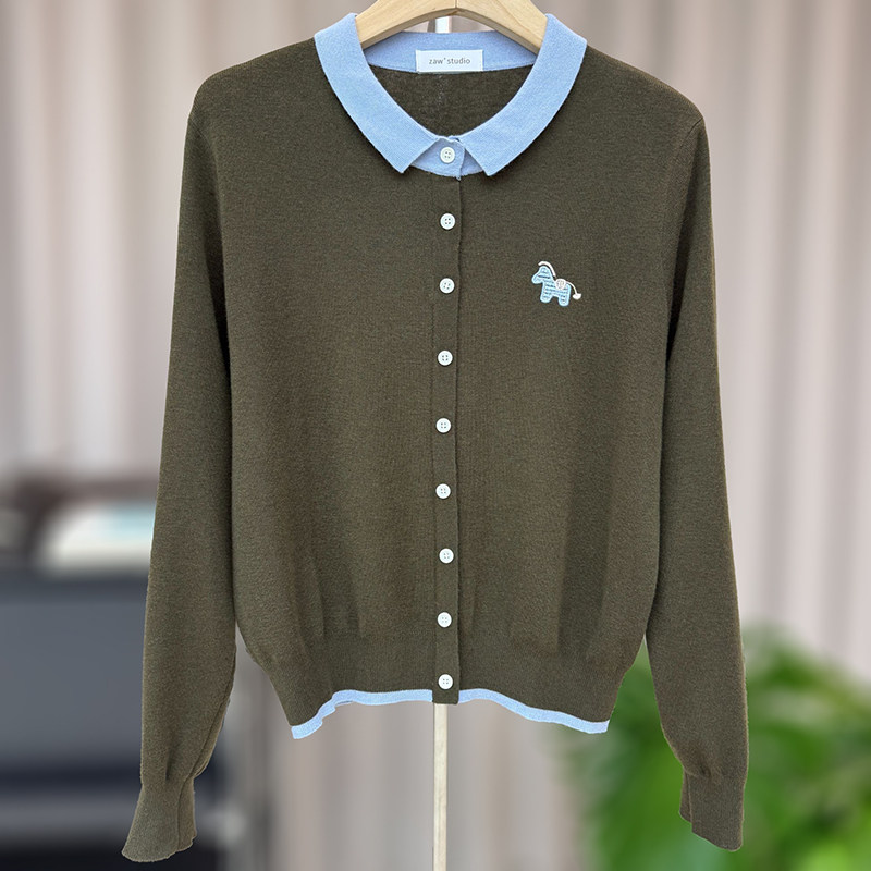zaw大码女装胖mm撞色Polo领针织开衫秋季宽松小马温柔风毛衣外套