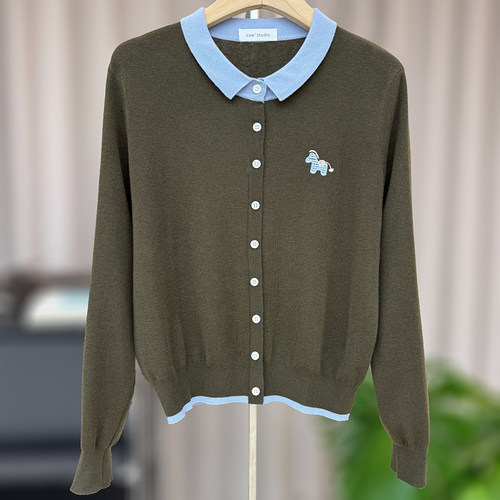 大码胖mm撞色Polo领针织开衫女