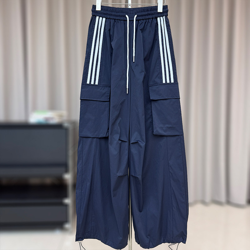 zaw大码三条杠工装阔腿裤女夏胖mm高腰抽绳束脚休闲运动长裤200斤