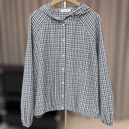 大码格子衬衫女连帽宽松