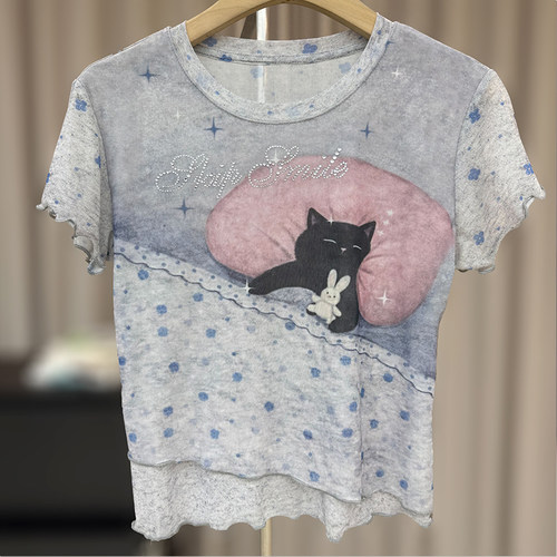 大码猫咪木耳边假两件短袖T恤女