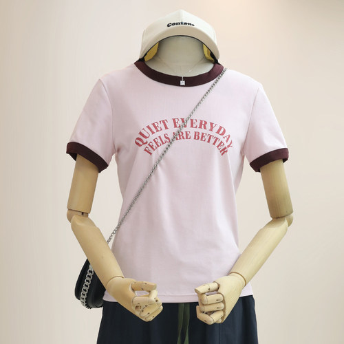 大码胖mm撞色正肩T恤女