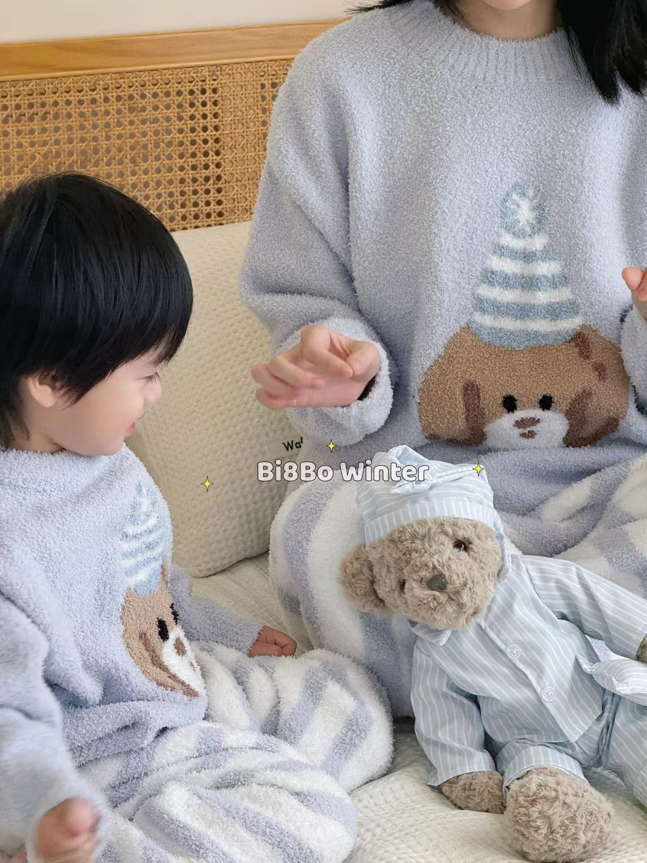 亲子装一家三口四口母子睡衣秋冬款2024新款冬季加绒半边绒家居服