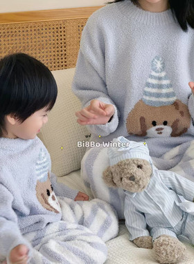 亲子装一家三口四口母子睡衣秋冬款2024新款冬季加绒半边绒家居服