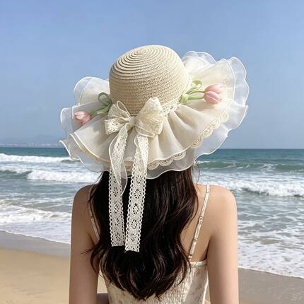 夏季新款甜美蕾丝花朵草帽帽子海边沙滩度假百搭防晒遮阳帽太阳帽