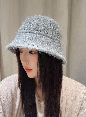 秋冬保暖钩花镂空针织水桶帽女