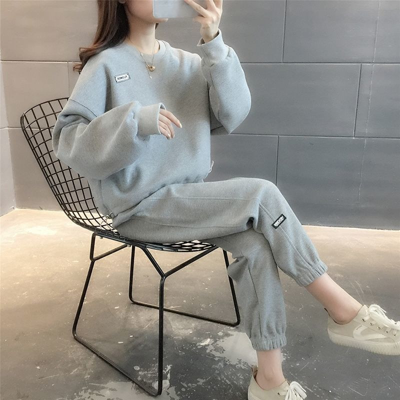 와플 봄 가을 캐주얼 스포츠 정장 여성 대형 플러스 벨벳 가을 운동복 바지 러닝 슈트 투피스 트렌디 세트
