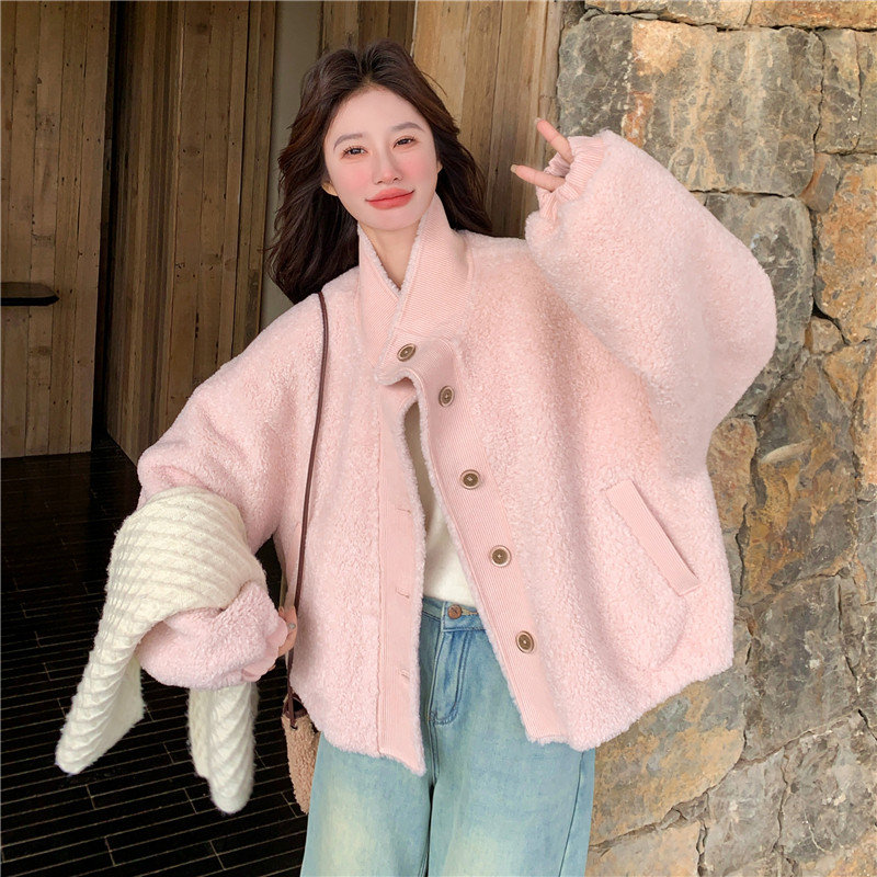 数据款大货~粉色立领拼接皮毛一体羊羔毛外套2C118-M863-P180K268，女装皮草，2C118
