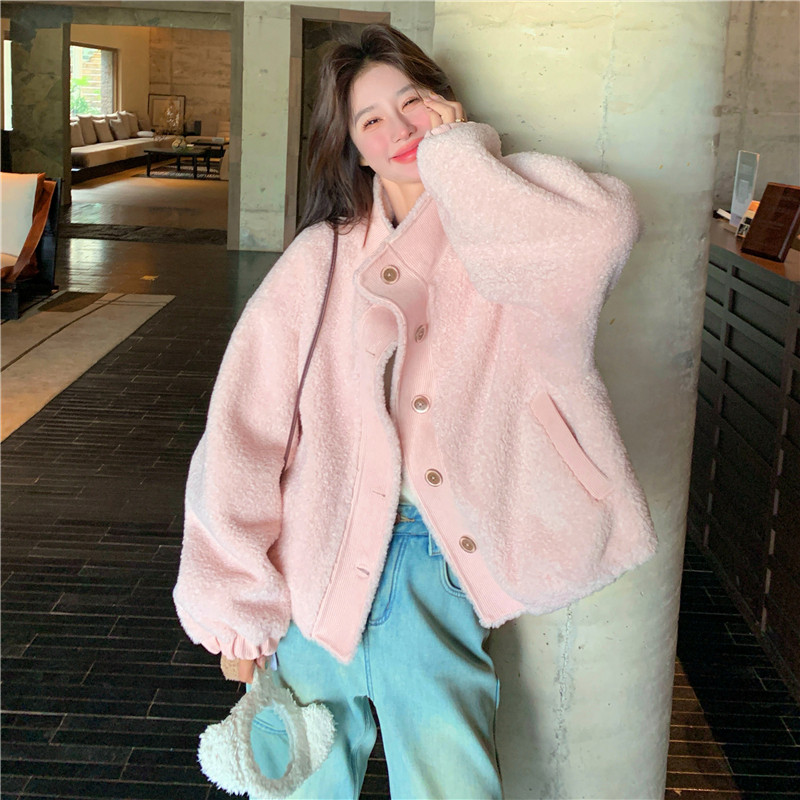 数据好大货~粉色立领拼接皮毛一体羊羔毛外套2C118-M863-P180K268，女装皮草，2C118