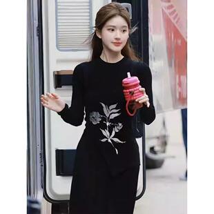 许我耀眼许妍赵露思同款衣服穿搭女秋黑色花卉吊带背心针织衫上衣