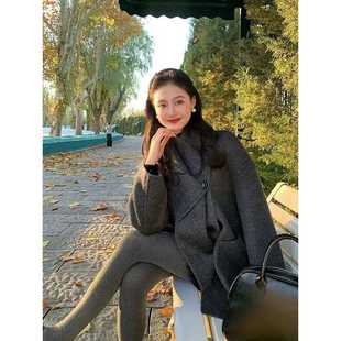 灰色手工双面羊绒大衣女小个子2025秋冬新款围巾短款羊毛呢子外套