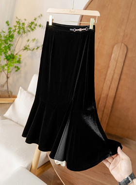 复古华丽！真丝丝绒优雅荷叶边鱼尾半裙链条扣袢高腰侧开叉半身裙