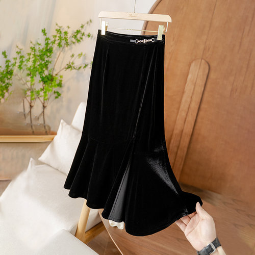 中长裙鱼尾裙复古半裙真丝丝绒