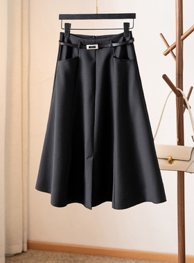 轻奢高货~精仿羊毛高腰显瘦气质通勤半身裙中长A字大摆伞裙小黑裙