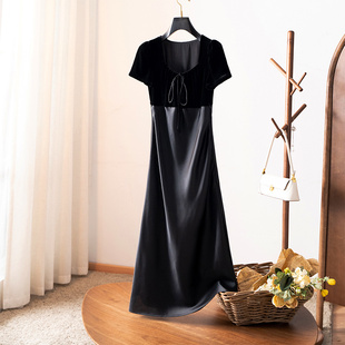 法式 显瘦小黑裙 名媛真丝丝绒拼醋酸方领蝴蝶结系带连衣裙高级修身