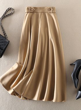 奢美意大利精纺羊毛高腰显瘦气质半身裙百搭长款A字卡其色大摆裙