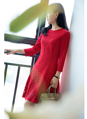 断码特价 大红色连衣裙七分袖修身显瘦新娘装中长款回门敬酒礼服