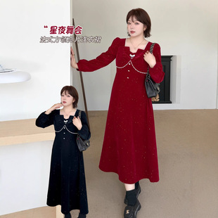 大码连衣裙秋冬新年敬酒服亮闪闪红色法式大码女装胖MM裙子