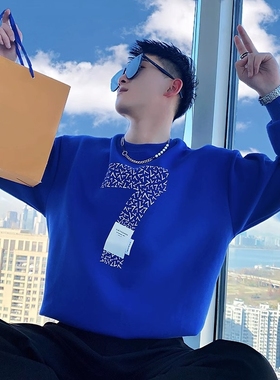 克莱因蓝色卫衣男士春秋季爆款长袖t恤男装2023新款潮牌外套上衣