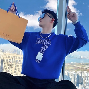 春秋季 2023新款 爆款 t恤男装 潮牌外套上衣 长袖 克莱因蓝色卫衣男士