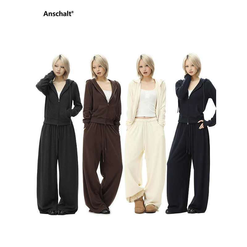 Anschalt/秋冬兔毛羊毛连帽针织套装女宽松阔腿裤慵懒休闲两件套