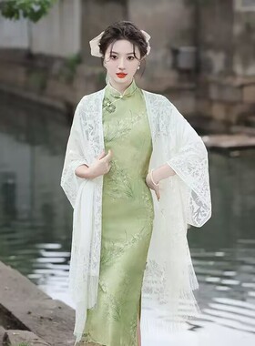 夏季中式复古百搭蕾丝薄款防晒披肩镂空流苏披风旗袍开衫外套斗篷
