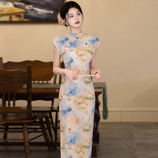 连衣裙2026夏 长裙气质年轻款 新中式 改良旗袍女复古风花卉印花短袖