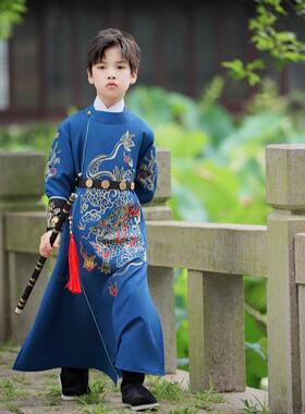 宋朝明制男童汉服2026新款缎面绣花锦衣卫飞鱼服男孩古装武侠客服