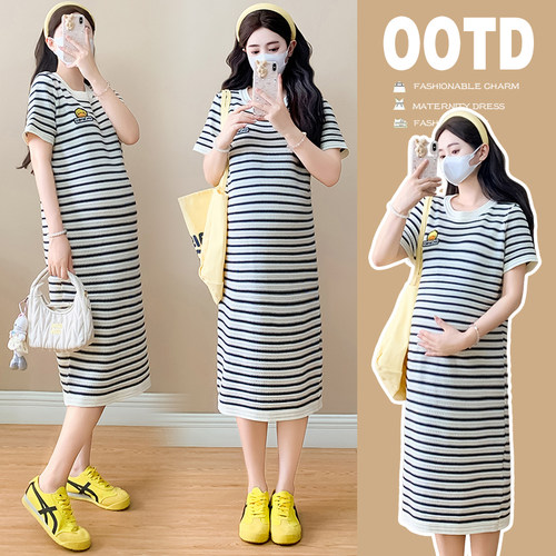 孕妇装夏季条纹孕妇针织连衣裙