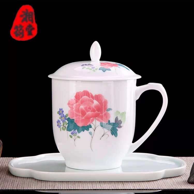 醴陵瓷器釉下五彩毛瓷茶杯带盖大容量中式复古家用水杯办公会议杯