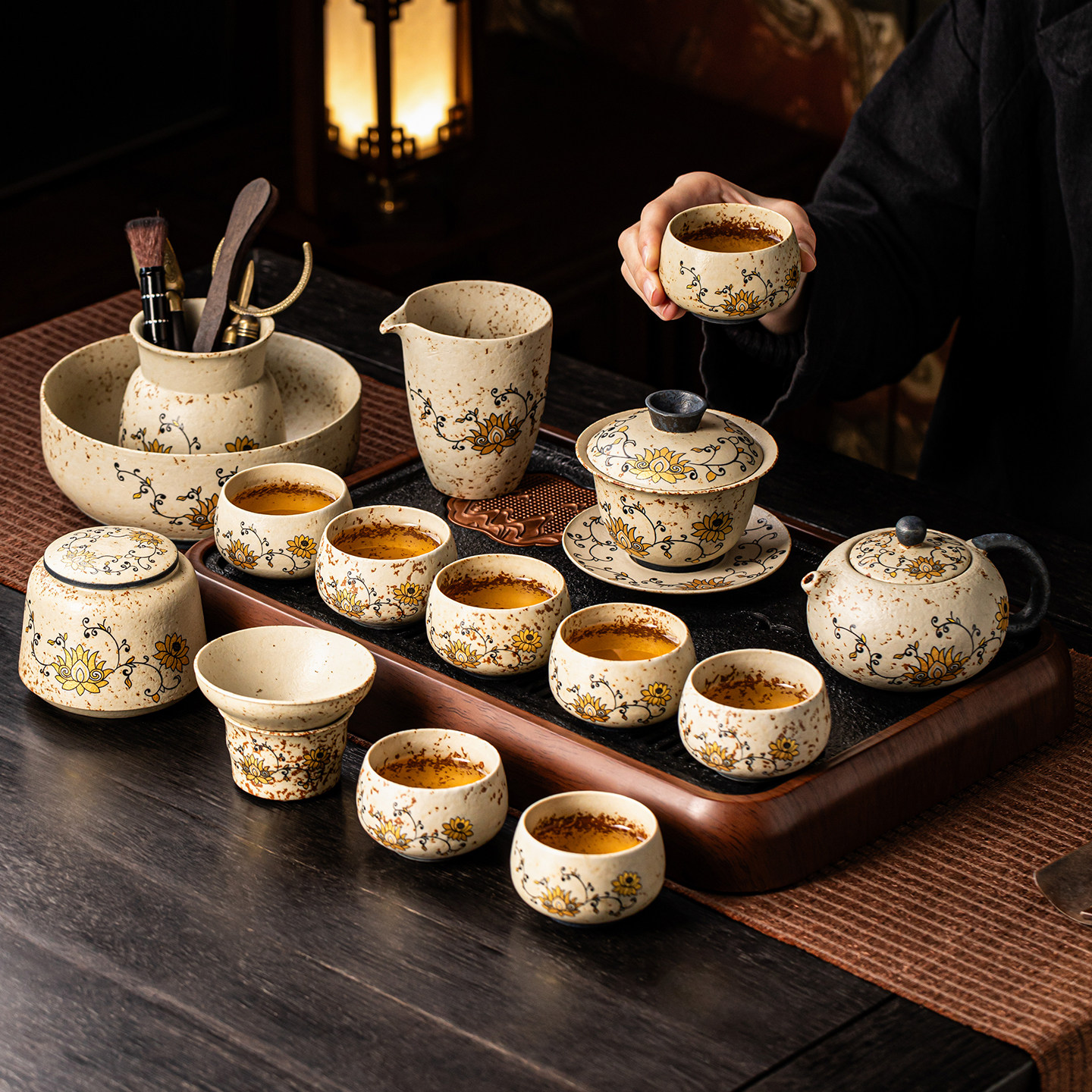 瓷牌茗火石红莲韵禅心手抓壶中式复古泡茶器茶壶整套功夫茶具套装