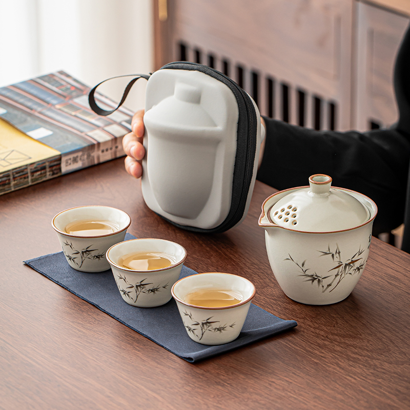 米黄汝窑富竹旅行茶具便携泡茶器
