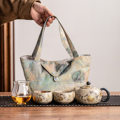 瓷牌茗描金莲花纹便携茶具套装