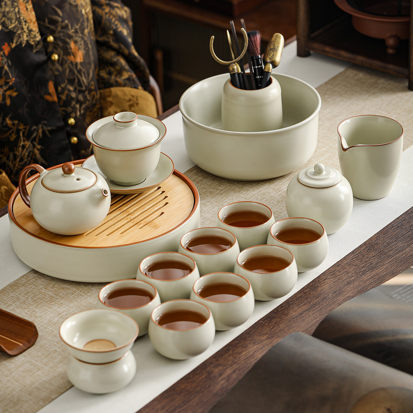 瓷牌茗米白汝窑功夫茶具套组家用泡茶壶盖碗茶盘整套轻奢送礼茶具