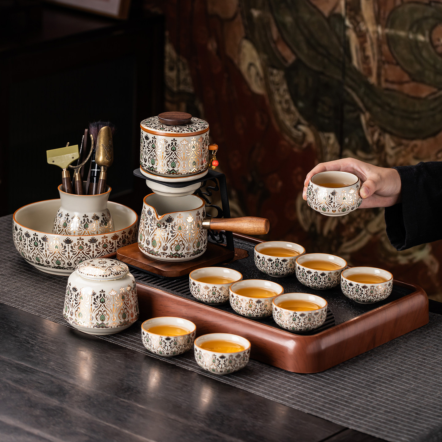 瓷牌茗汝窑敦煌茶具套装家用陶瓷石磨自动功夫茶具泡茶器会客中式