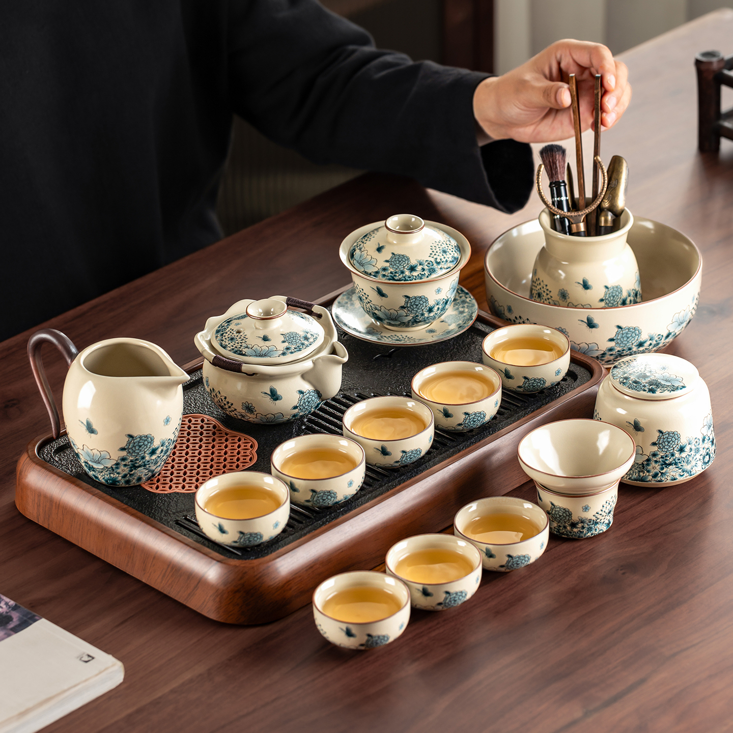 瓷牌茗米黄汝窑手抓壶盖碗套装