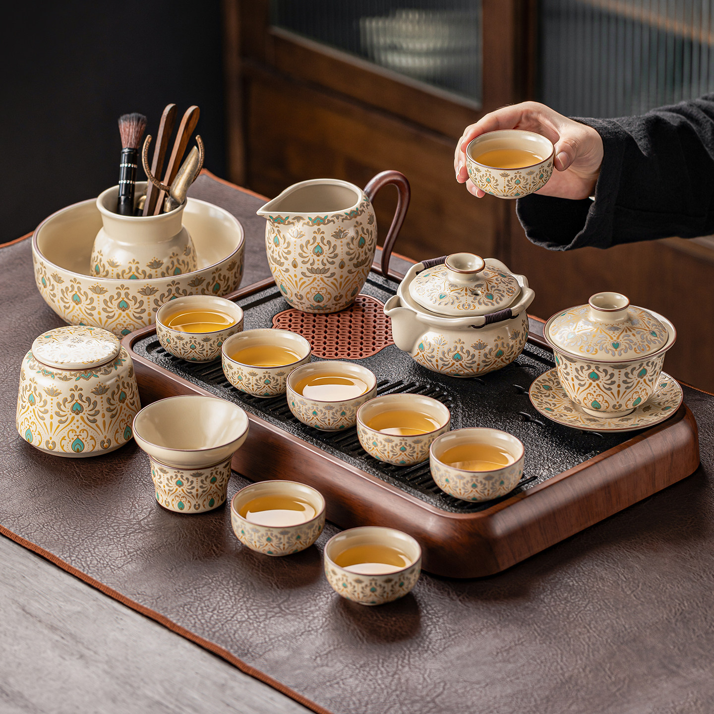 瓷牌茗米黄汝窑整套功夫茶具套装陶瓷盖碗手抓壶家用办公茶器礼盒,餐饮具,功夫茶具,淘宝优惠券,粉丝福利购,淘宝优惠卷