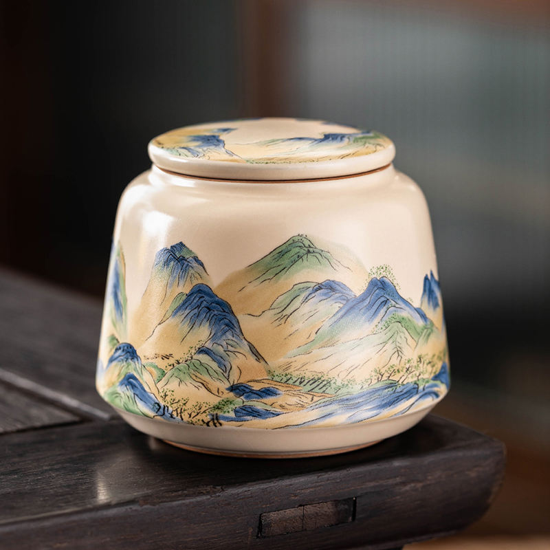米黄汝窑大好河山陶瓷茶叶罐