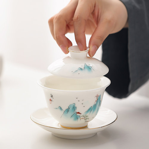 羊脂玉三才家用大号沏茶单个盖碗