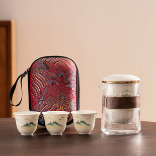 便携式 复古风陶瓷玻璃茶壶快客杯 功夫旅行茶具套装 随身包随行中式