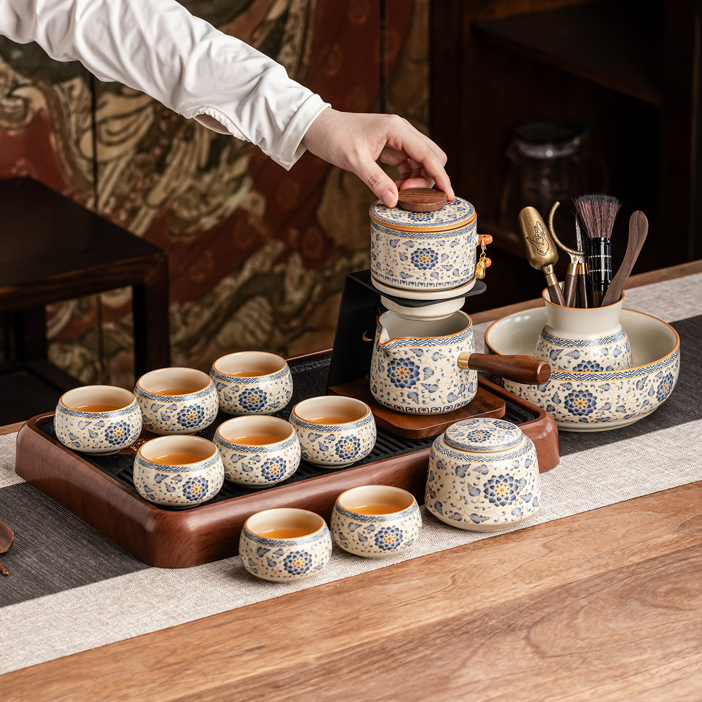 瓷牌茗新款中式汝窑自动茶具缠枝莲高档功夫茶具陶瓷泡茶器礼盒装