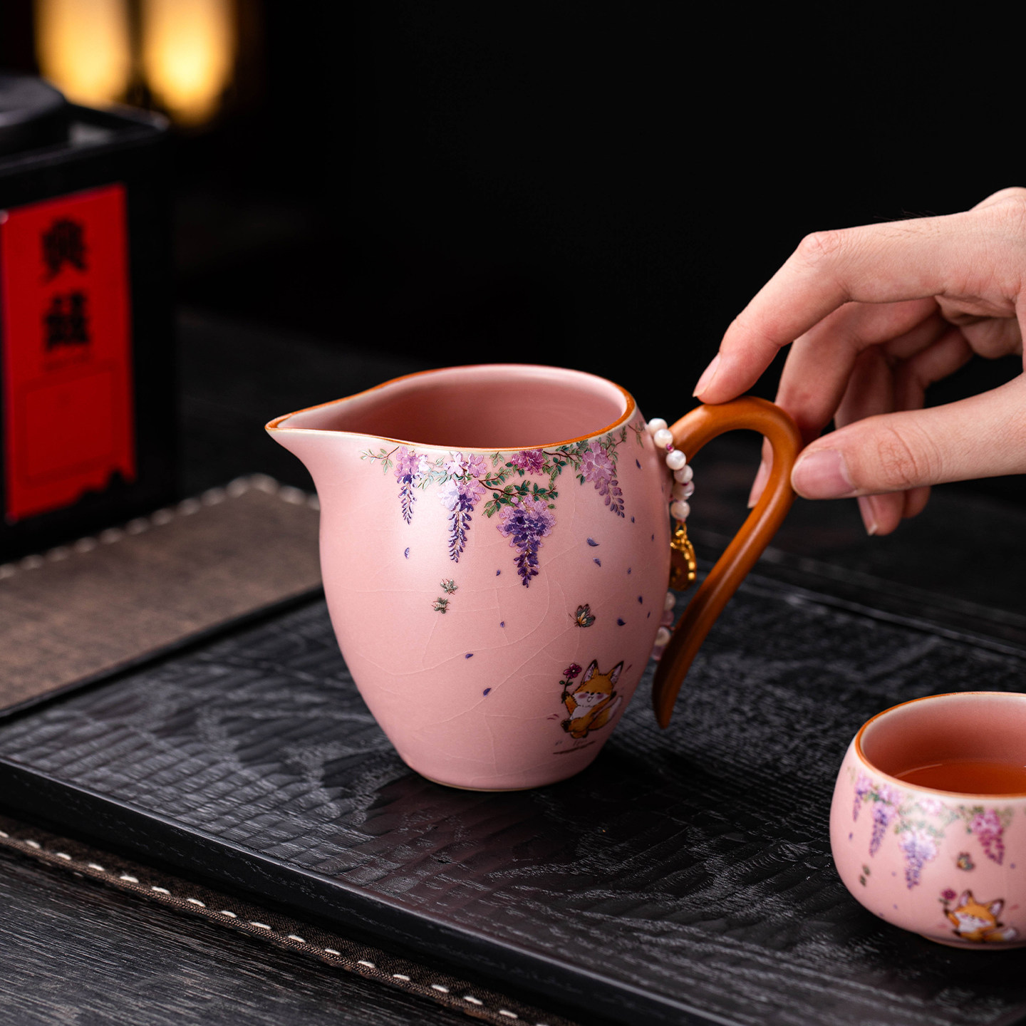 瓷牌茗粉汝窑紫藤花狐狸公道杯手绘分茶器珍珠把公杯家用功夫茶具