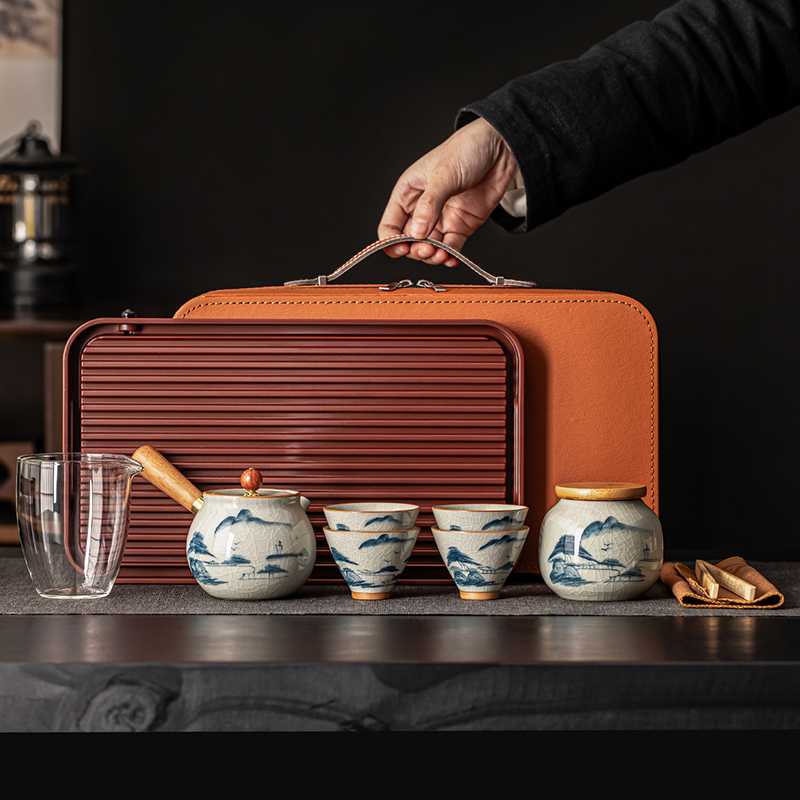 哥窑手绘侧把壶旅行茶具套装