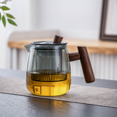 瓷牌茗玻璃茶壶木把防烫手