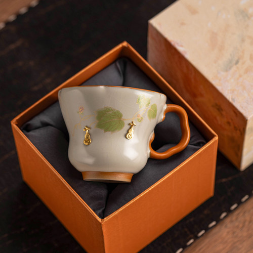瓷牌茗汝窑锔钉葫芦主人杯礼盒